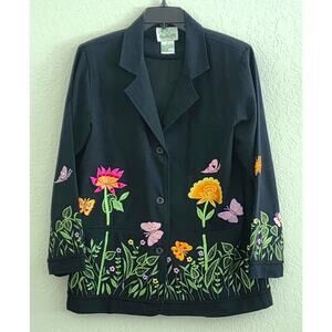 Blazer/Jacket-Quacker Factory-Black-Embroidery-Floral-Butterflies-Size Small